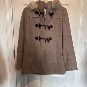 Women's Tan Toggle Pea Coat with Faux Fur Trim